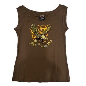 Harley-Davidson Shirt Women’s Lge Brown Studded Tank Eagle Flames Las Vegas {LL}